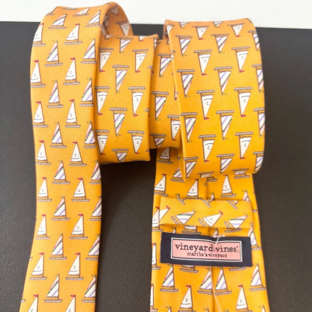 Vineyard Vines Boys Orange w/ White Sailboats 100% Silk Tie, W 2.75
